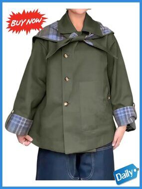 Women's Cropped Trench Coat Plaid Reversible Oversized Jacket Pockets